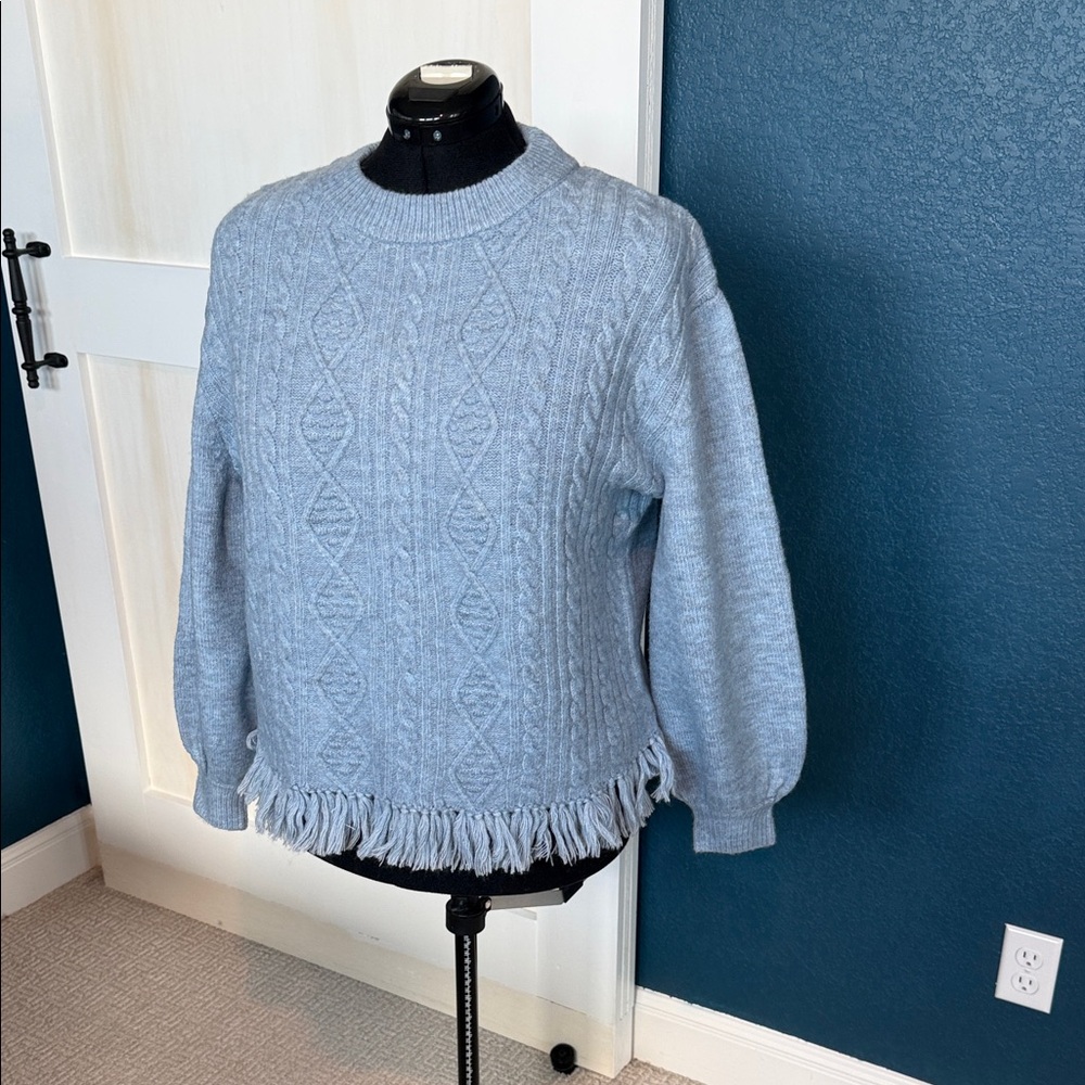 Fringed Cable Crewneck Sweater in Light Blue
